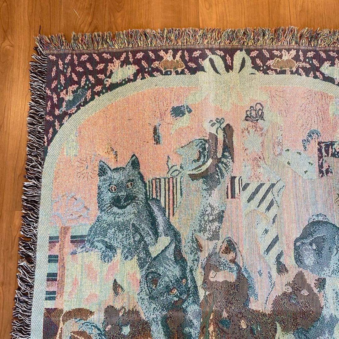 美品　猫柄 ゴブランラグ　ヴィンテージ　大判　タペストリー　162×117