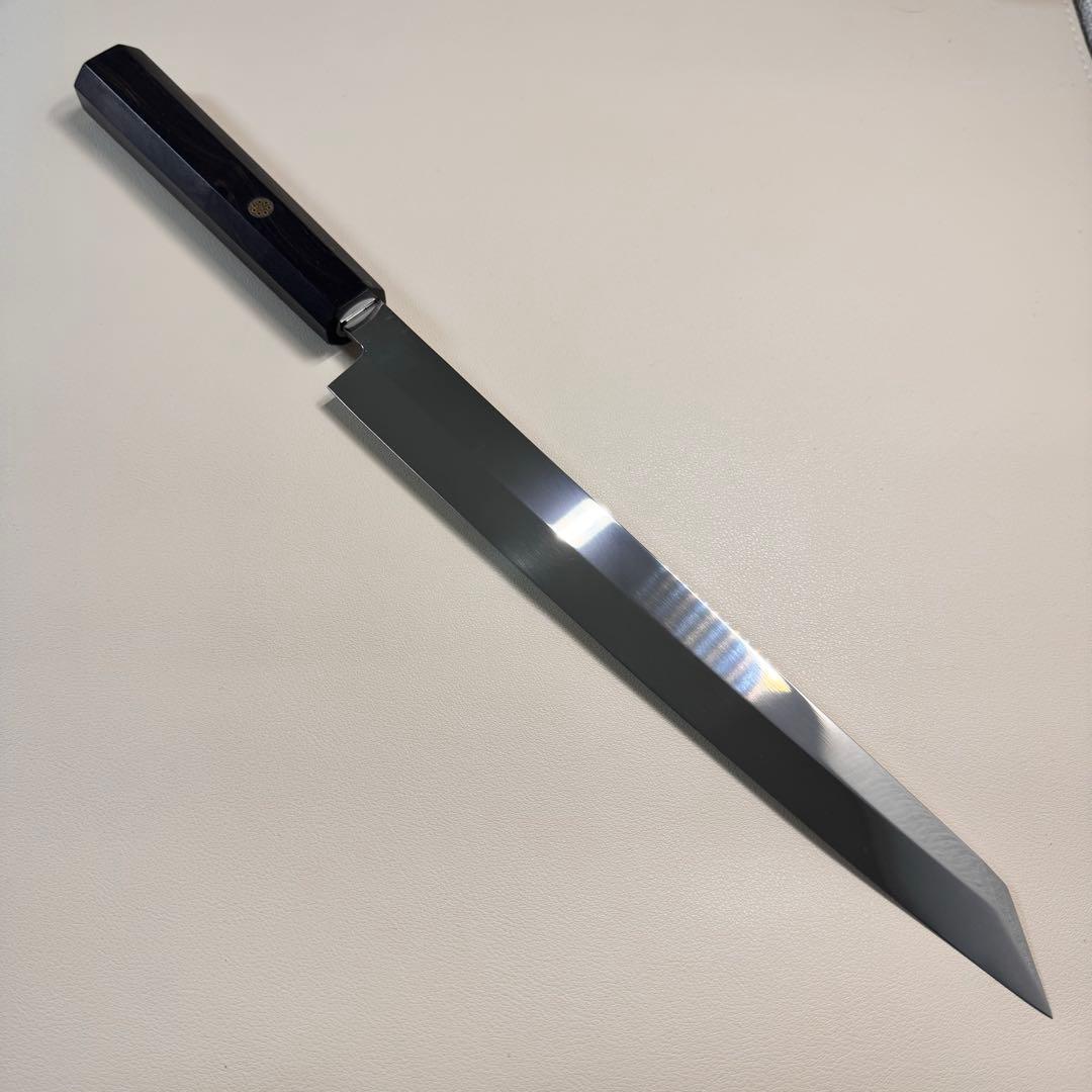 270mm 切付柳刃包丁 鏡面　黒檀八角柄 刺身包丁 「全鋼」︔