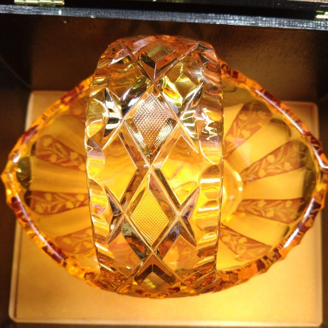 【ボヘミア】超希少！　高級クリスタル　フラワーベース　バスケット　琥珀　イエロー