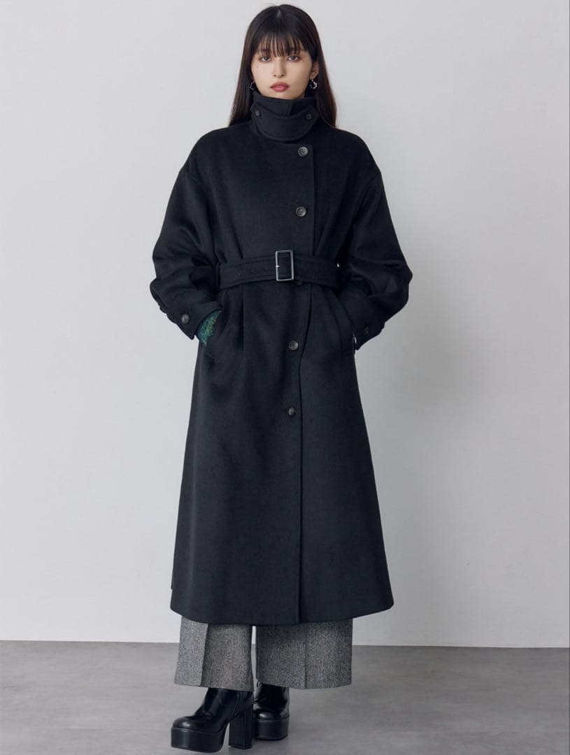 MURUA ムルーア スタンドネックダブルカラーコート ロングコート ブラック