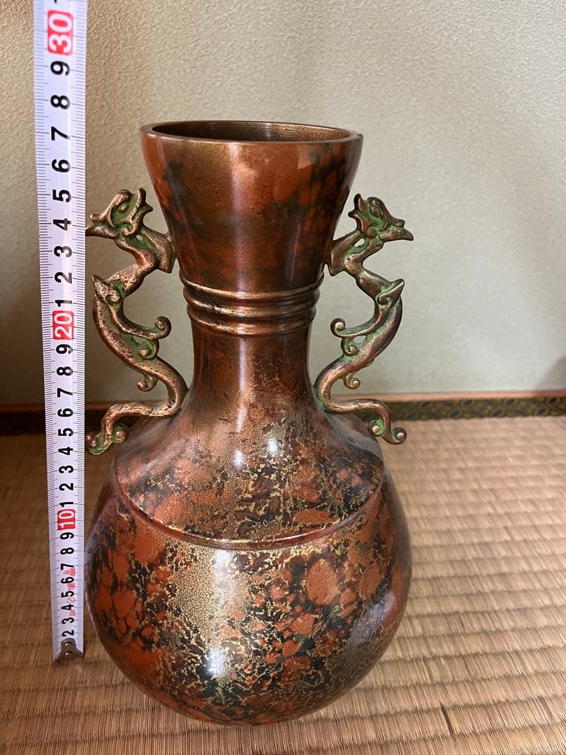 銅製　ドラゴン持ち手花瓶 壺　約27cm
