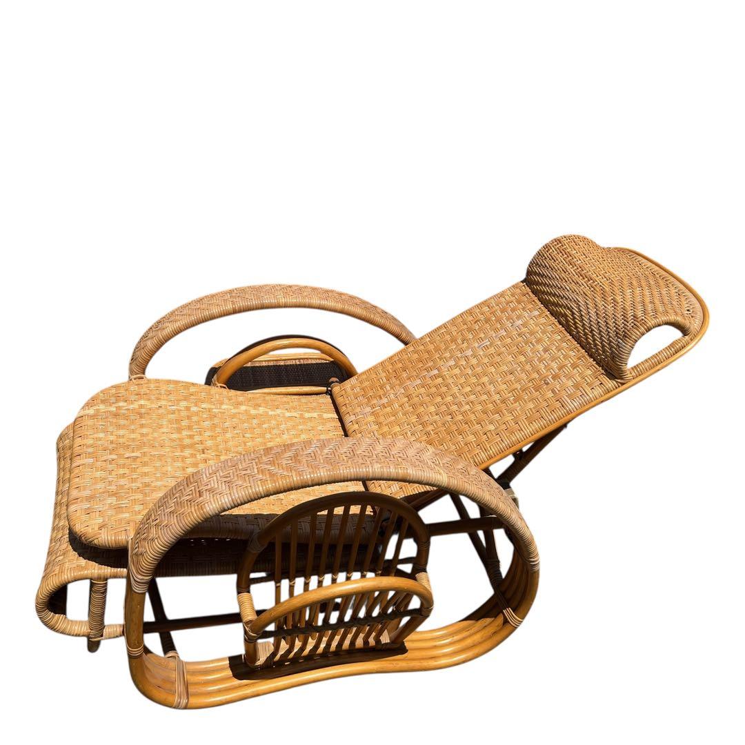 ラタンリクライニングチェア オットマン付き 1人掛けソファー 古家具