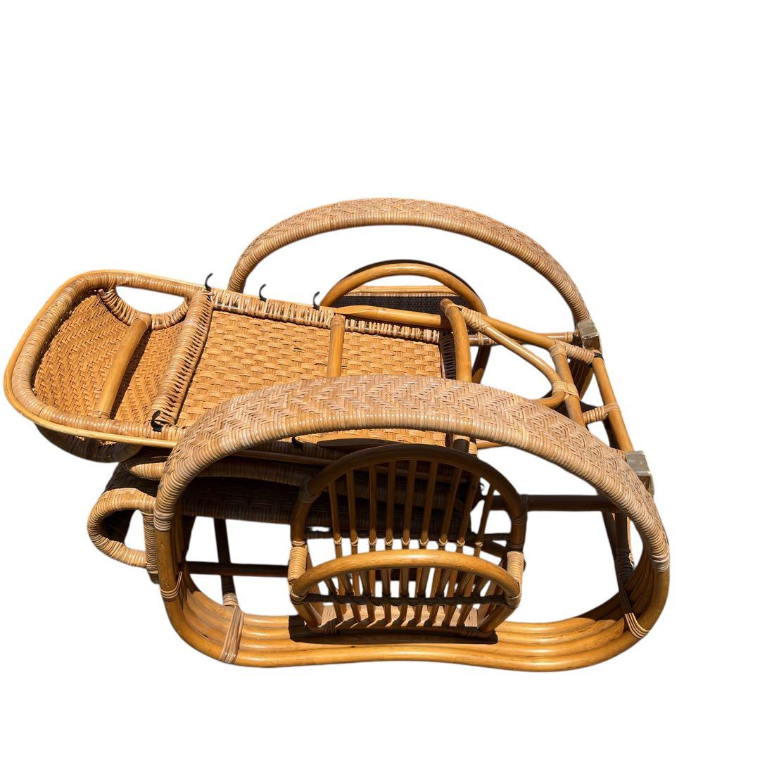 ラタンリクライニングチェア オットマン付き 1人掛けソファー 古家具