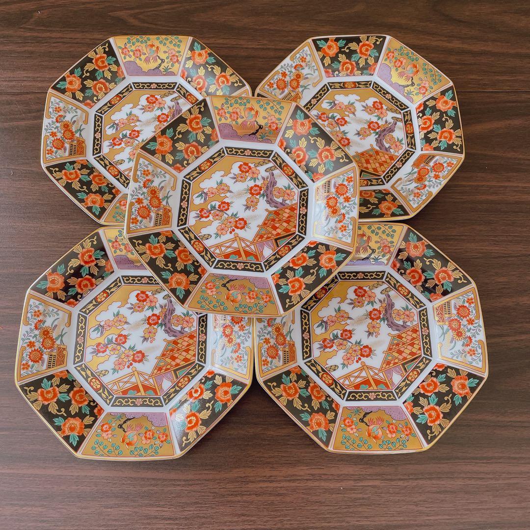 【未使用】　有田焼　青藍窯　古伊万里紋 金蘭手　金彩　八角皿　5枚揃