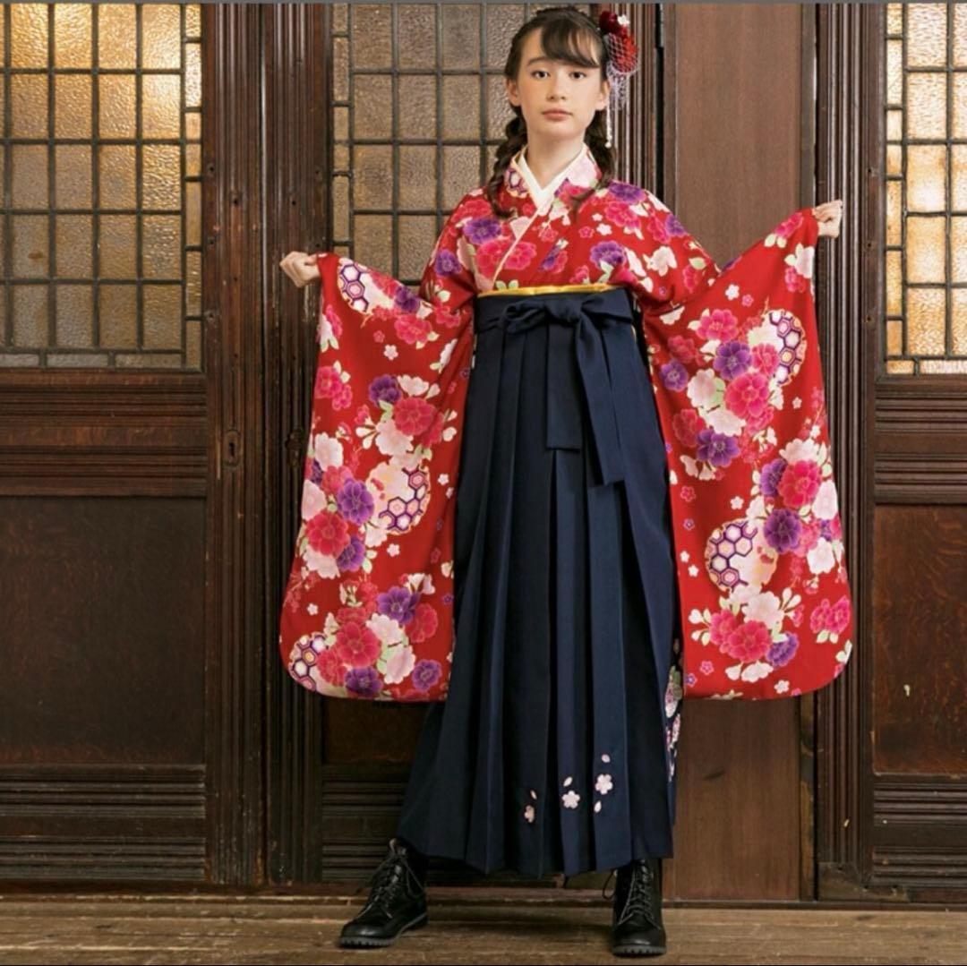 袴セット 髪飾り付き赤色 花柄 150cm アリサナ