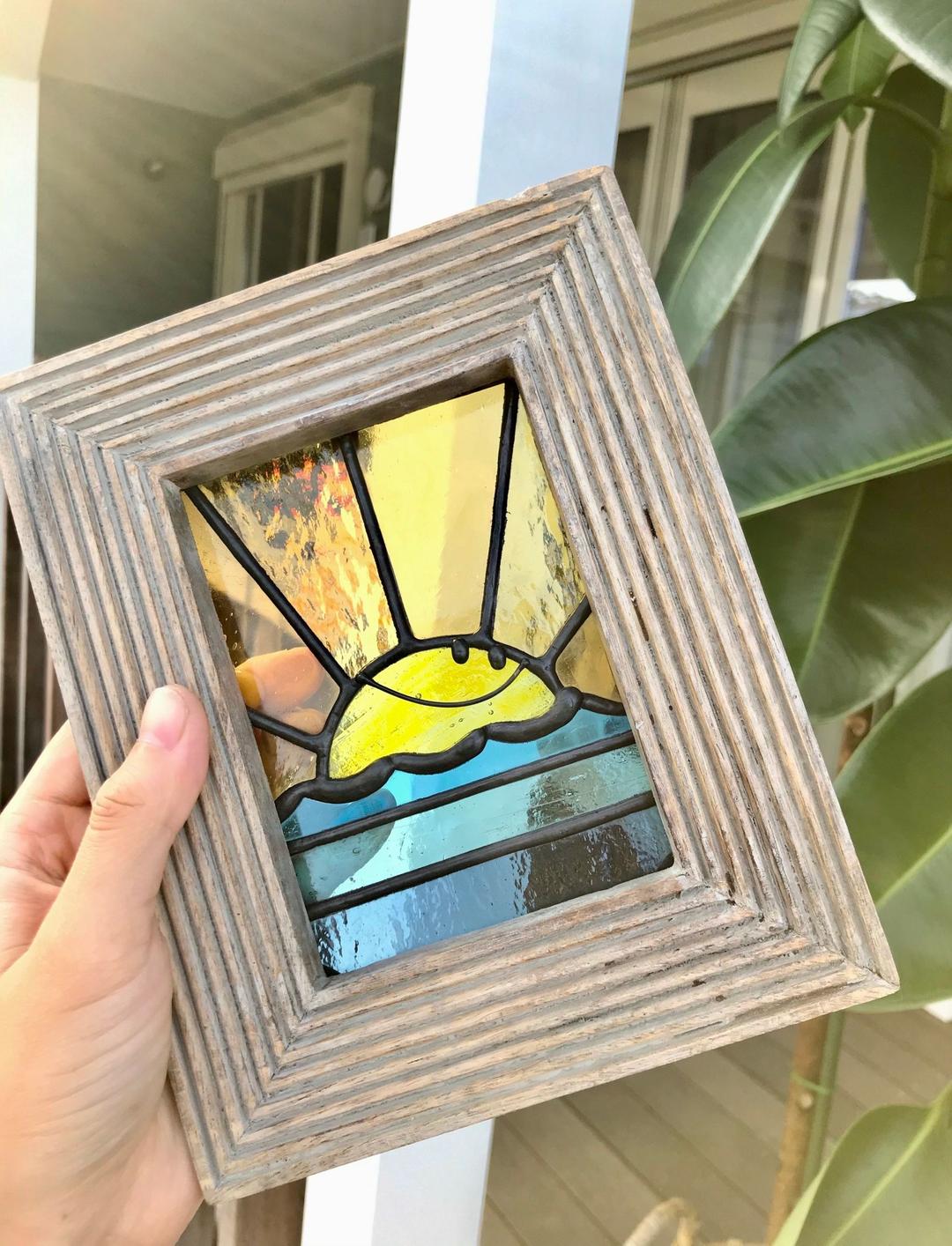 ステンドグラス　スマイル　ウェーブ　天然木　額