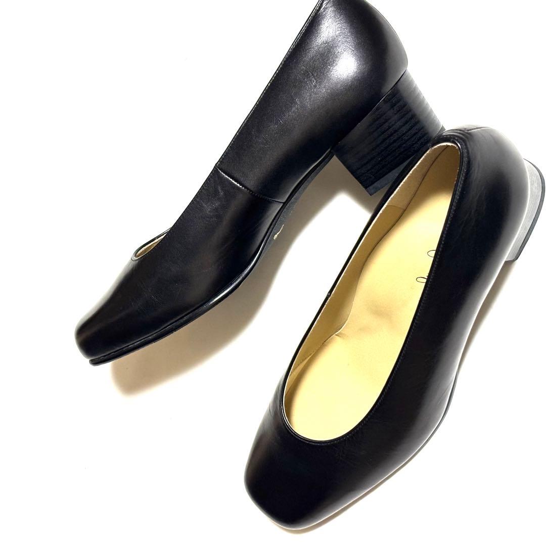 極美品！銀座かねまつ レザー　パンプス　24㎝　EEE 黒　面接　お受験　入学式