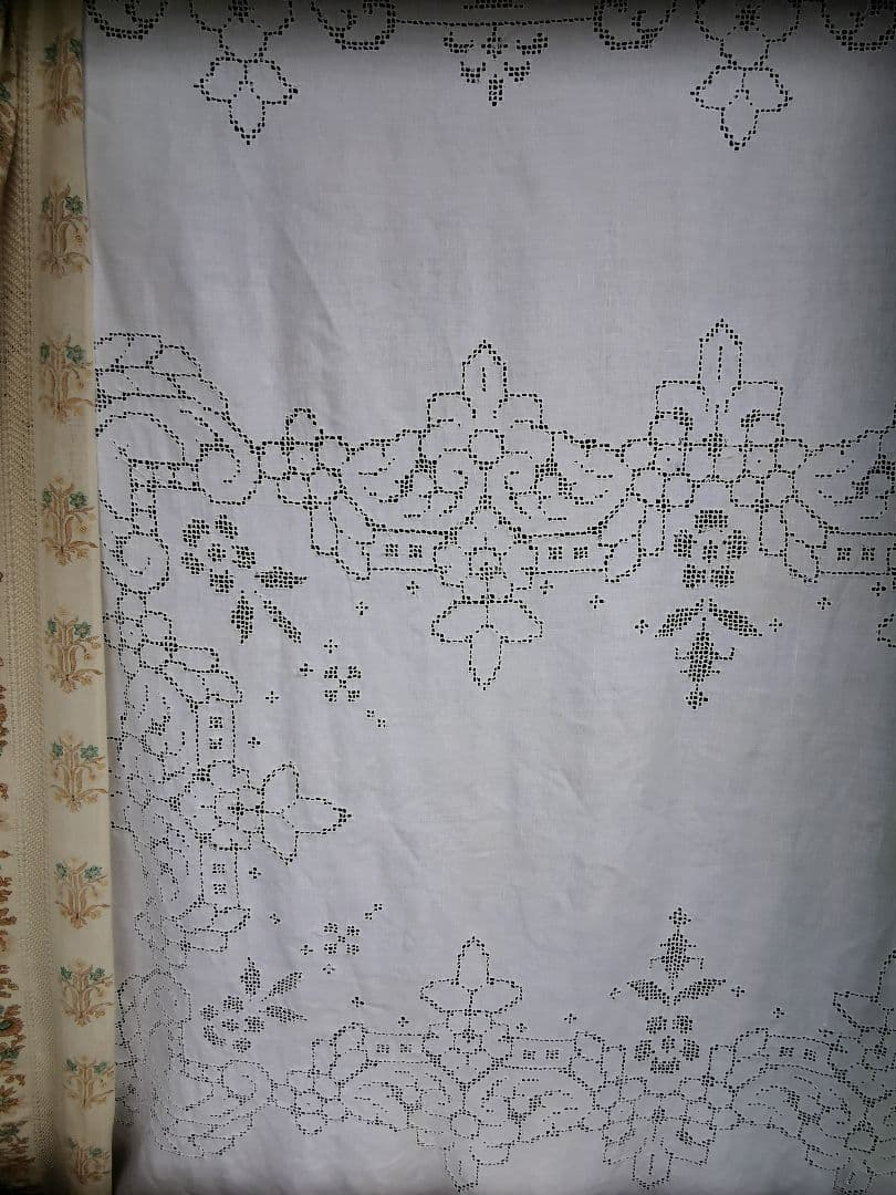 アンティークイタリア モザイクカットワークレース 超大判リネンクロス カーテン