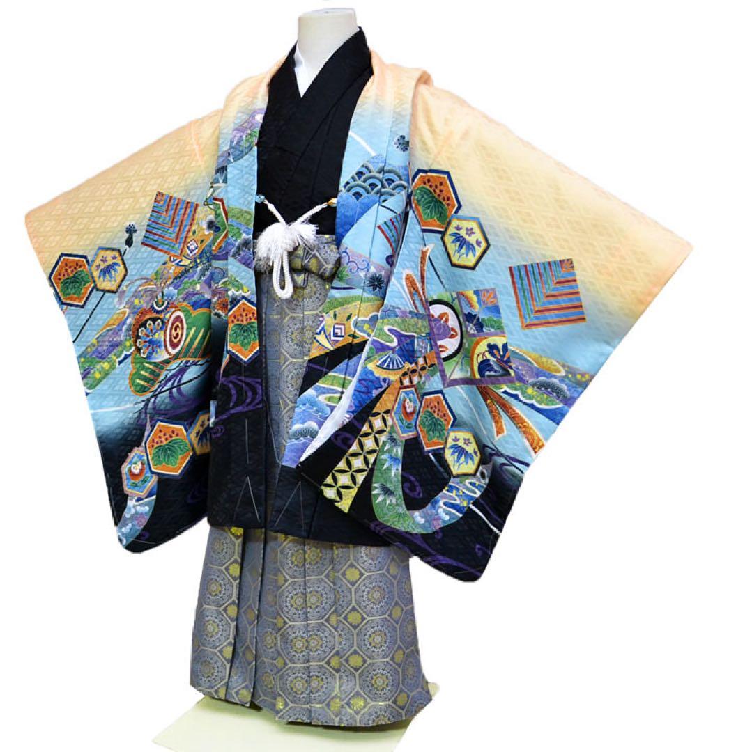 1点限り七五三 着物 男の子 袴 セット 5歳羽織袴 フルセット 兜柄　クリーム