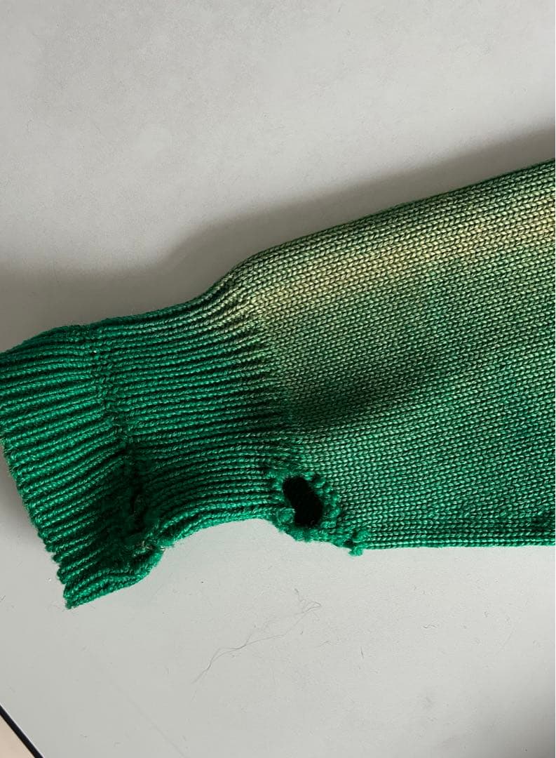 50s レタードカーディガン　肉厚　グリーン×イエロー　ワッペン　フェード