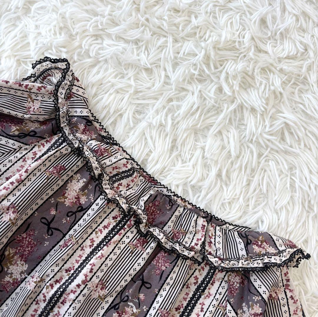 美品 PINK HOUSE ピコフリル 刺繍　花柄 リボン　ブラウス　FREE