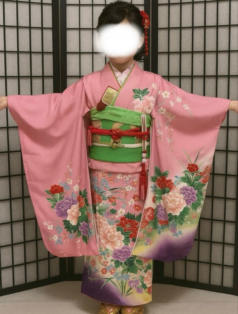 七五三　着物セット　7歳　ピンク色　紫色　正絹　美品
