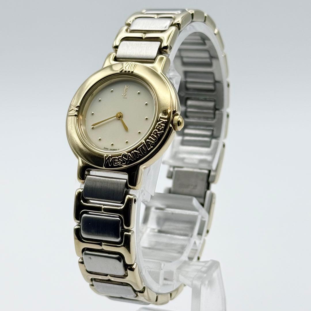 ✨新品電池・稼働✨サンローラン 腕時計 クォーツ ラウンド コンビ 白文字盤