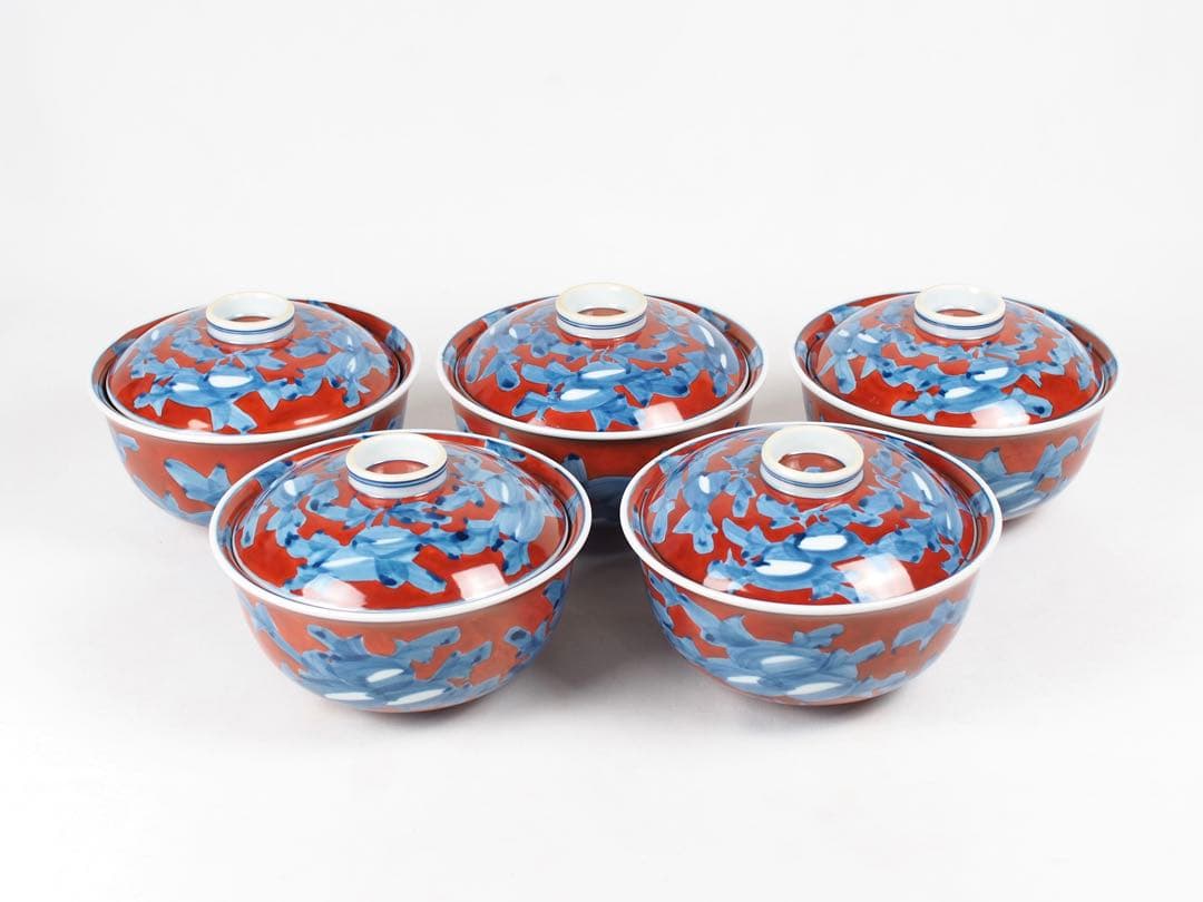 源右衛門窯 赤濃牡丹絵 蓋碗 蓋物 5客 有田焼 (付属品：共箱、栞)