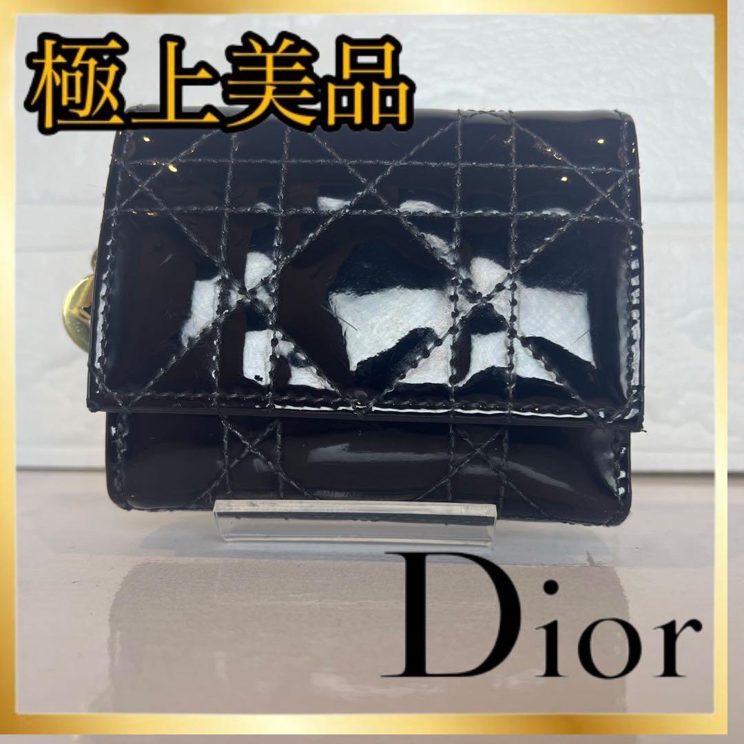Dior 財布 レディディオール カナージュ ロータスウォレット エナメル 三折