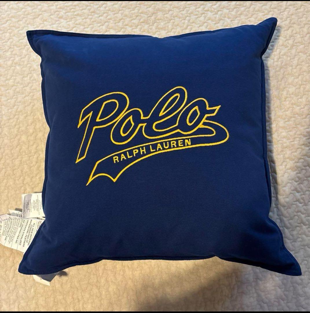 ②未使用 ラルフローレン スクリプト クッション カバー ネイビーイエロータグ付