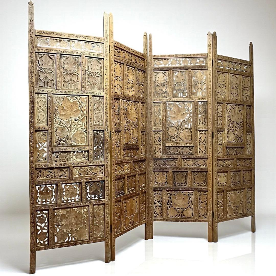 アジアンビンテージ 木製 透かし彫り 4連パーテーション 間仕切り 家具