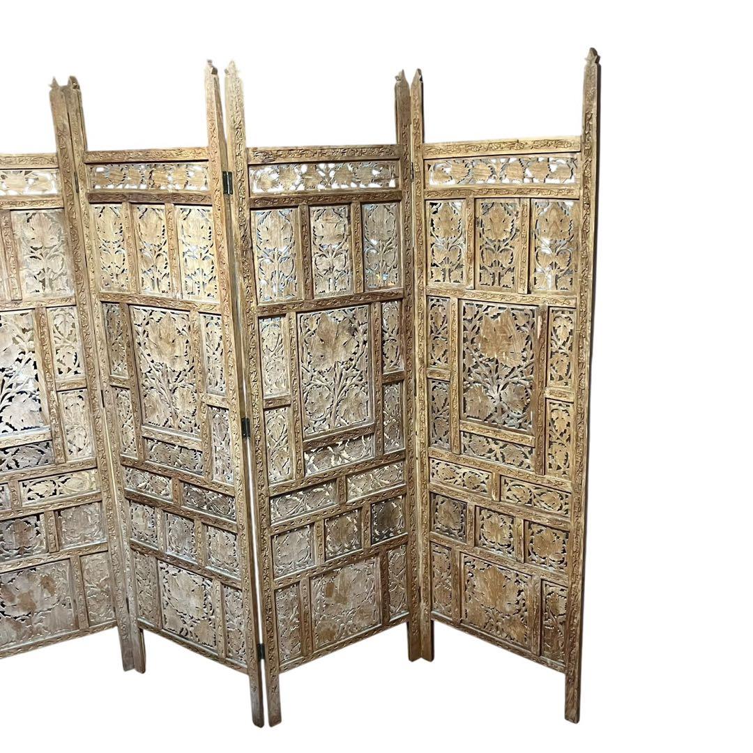 アジアンビンテージ 木製 透かし彫り 4連パーテーション 間仕切り 家具