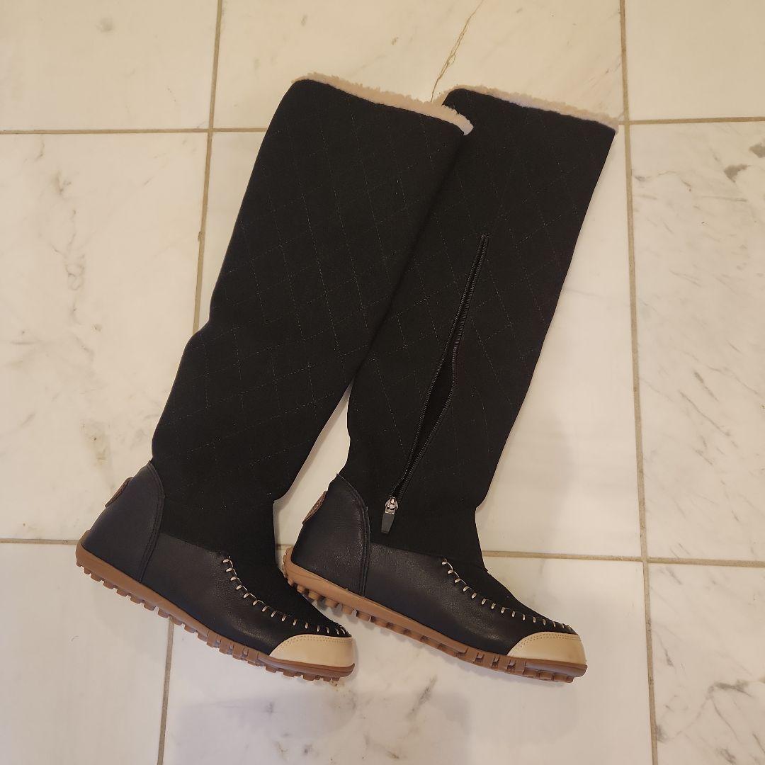 黒いキルティングロングブーツ　ゴルフブーツ