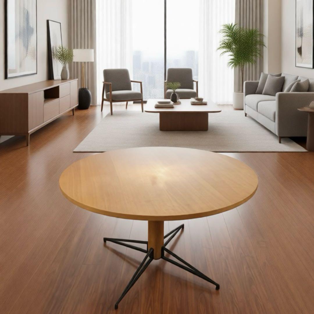 16万円品　高級　ラウンドダイニングテーブル｜オーク無垢風｜アイアン脚