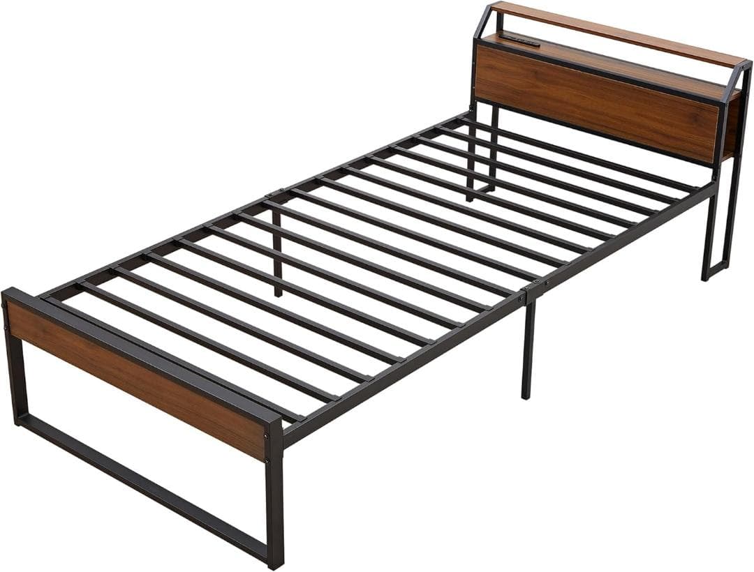 ベッドフレーム❣️ シングルベット 2口コンセント付 スチールベッド 収納 宮棚付