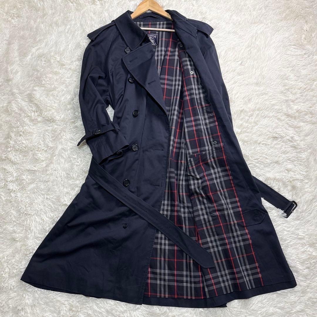 バーバリー トレンチコート マキシ丈 チェック ベルト ダブル ネイビー