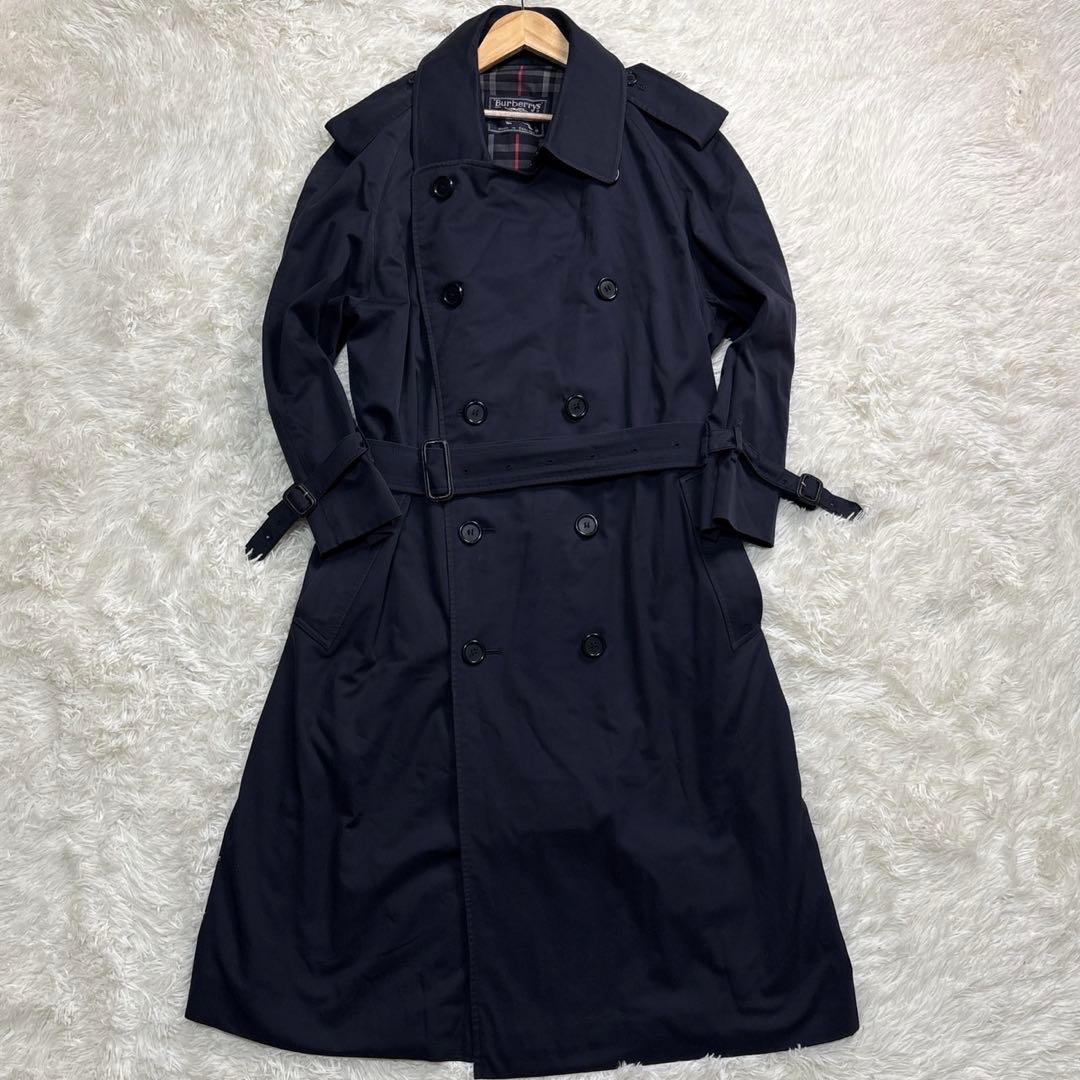 バーバリー トレンチコート マキシ丈 チェック ベルト ダブル ネイビー