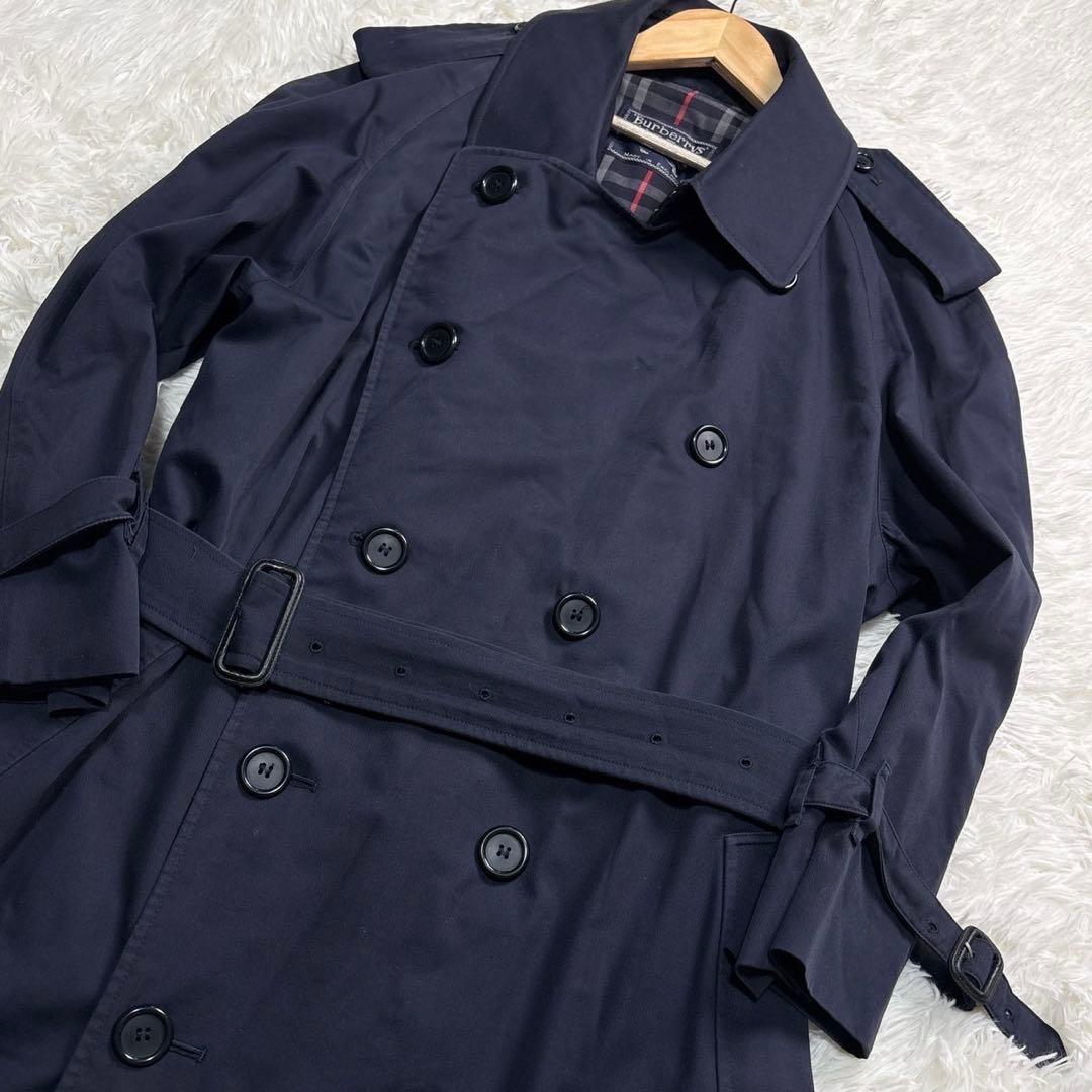 バーバリー トレンチコート マキシ丈 チェック ベルト ダブル ネイビー