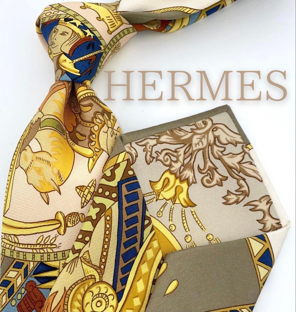 美品 エルメス ハイブランド ネクタイ スカーフ柄 シルク 高級 馬柄 騎士柄