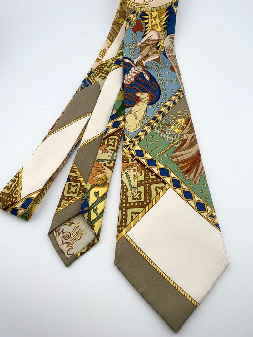 美品 エルメス ハイブランド ネクタイ スカーフ柄 シルク 高級 馬柄 騎士柄