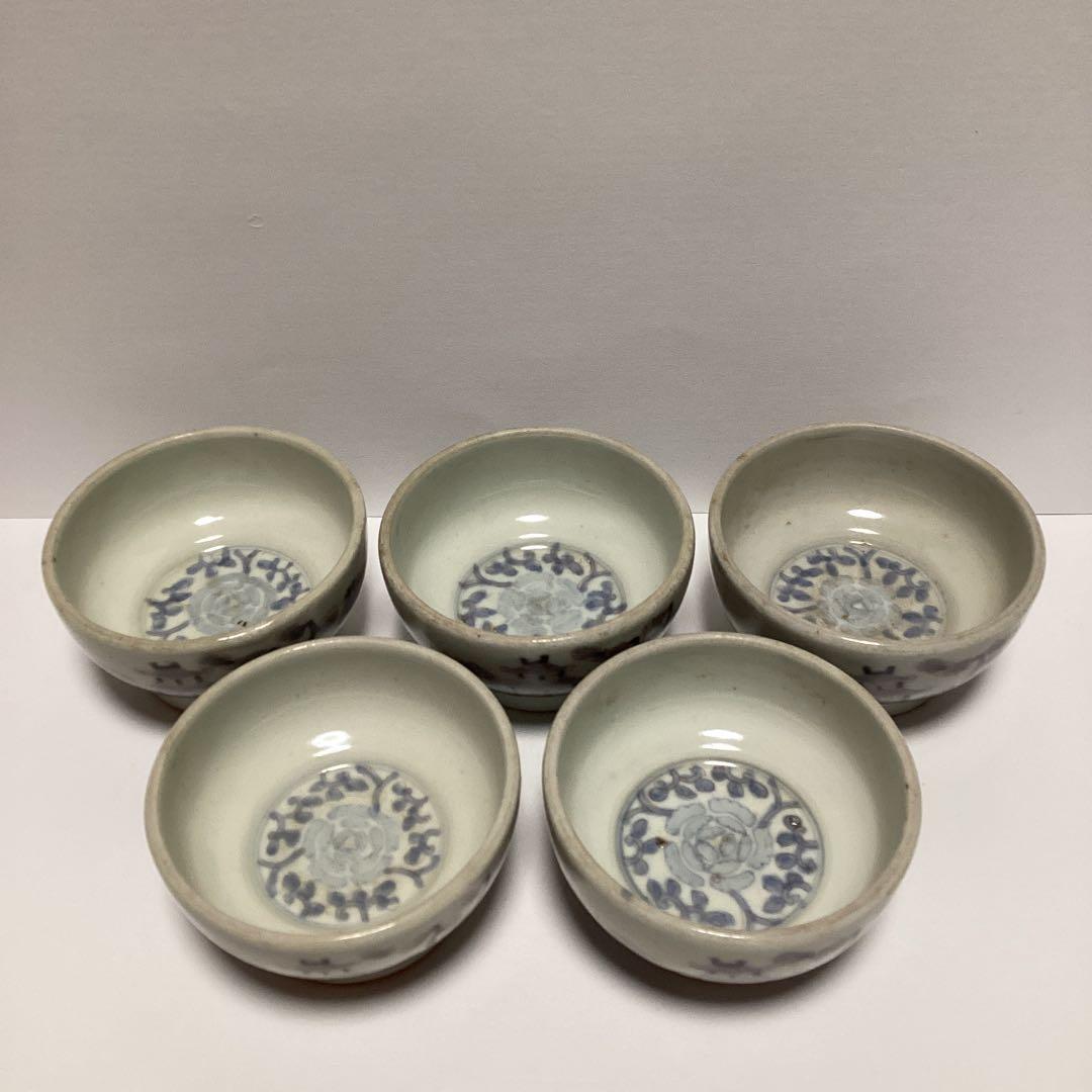 幕末～明治　変わり窯印　楼閣風景図　染め付け小鉢　向付け　五客