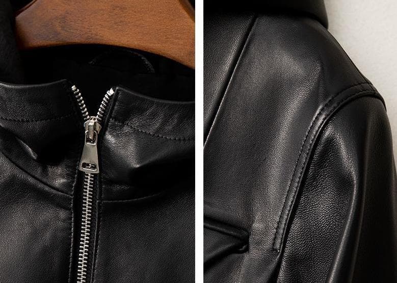 レディース上質 本革↑超ソフトなラムレザージャケット黒☆帽子付ラムレザーコート