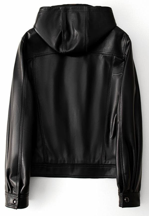 レディース上質 本革↑超ソフトなラムレザージャケット黒☆帽子付ラムレザーコート