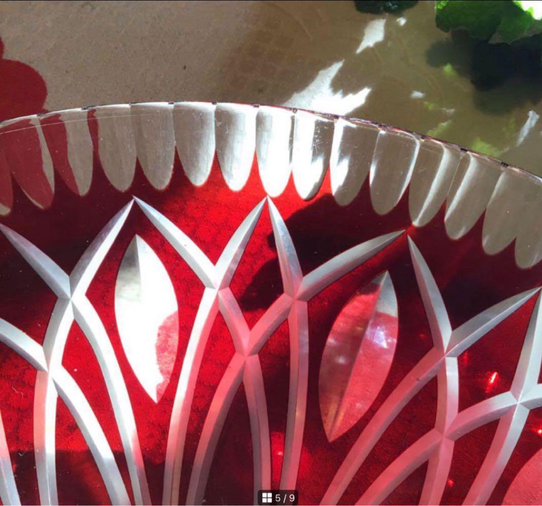 A519 ビンテージ　ガラス切子　カットガラス　赤色被ガラス　大皿