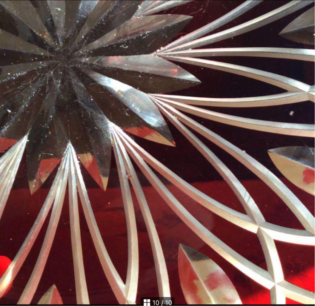 A519 ビンテージ　ガラス切子　カットガラス　赤色被ガラス　大皿