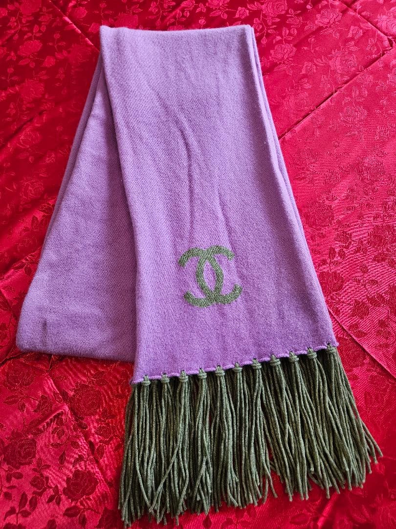 CHANEL 07Aヴィンテージココマークフリンジマフラーパープル