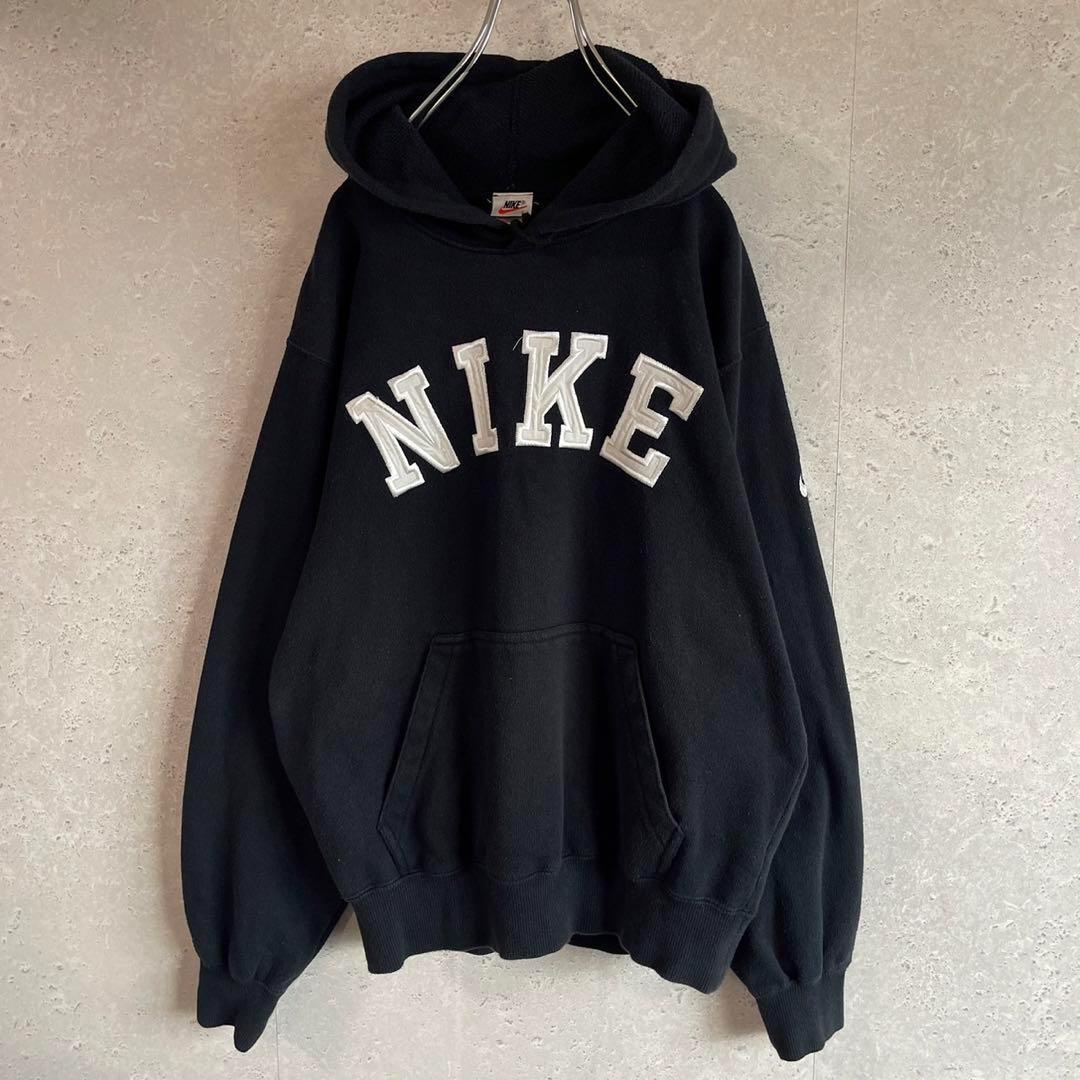 NIKE 銀タグ 90s スウェットパーカー 刺繍ロゴ ナイキ 黒色 ブラック