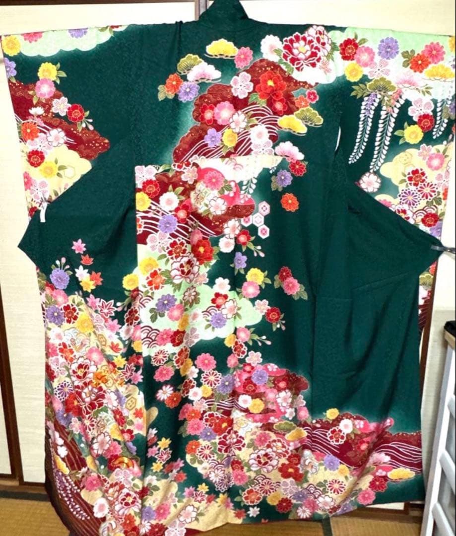 緑 花々 藤 菊 八重桜 振袖 身丈157