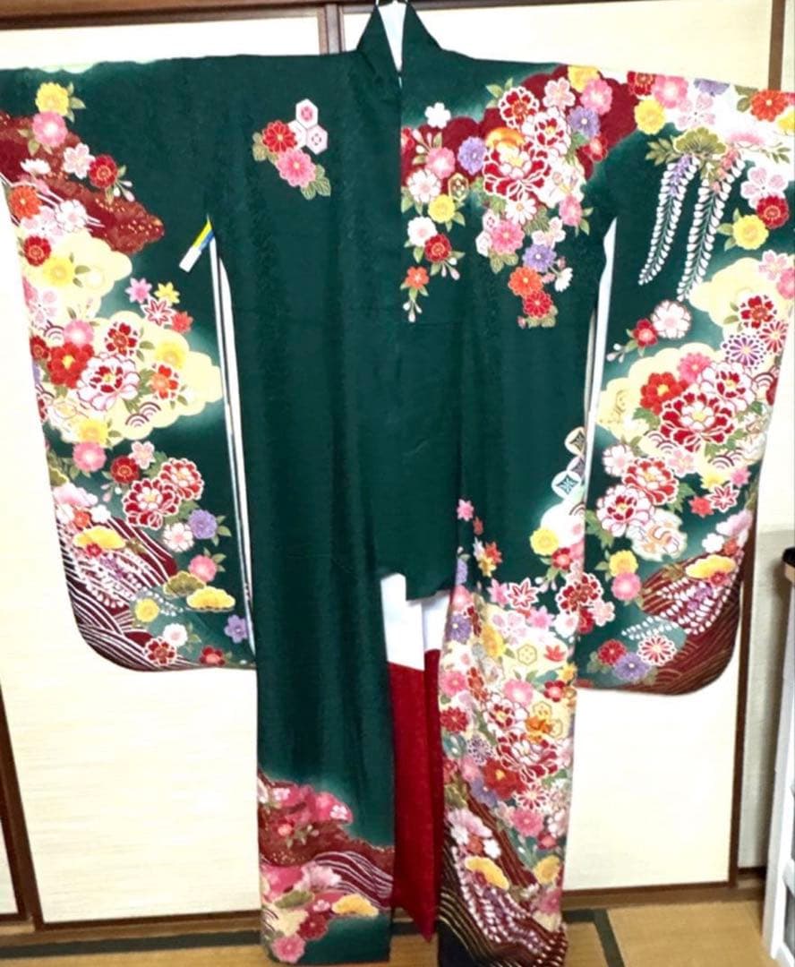 緑 花々 藤 菊 八重桜 振袖 身丈157