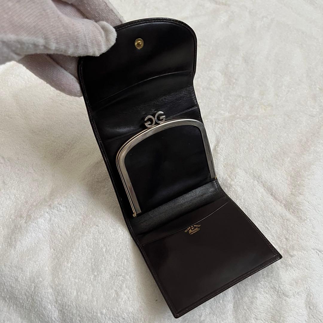 極上レザー グッチ 三つ折り財布 がま口 ダークブラウン