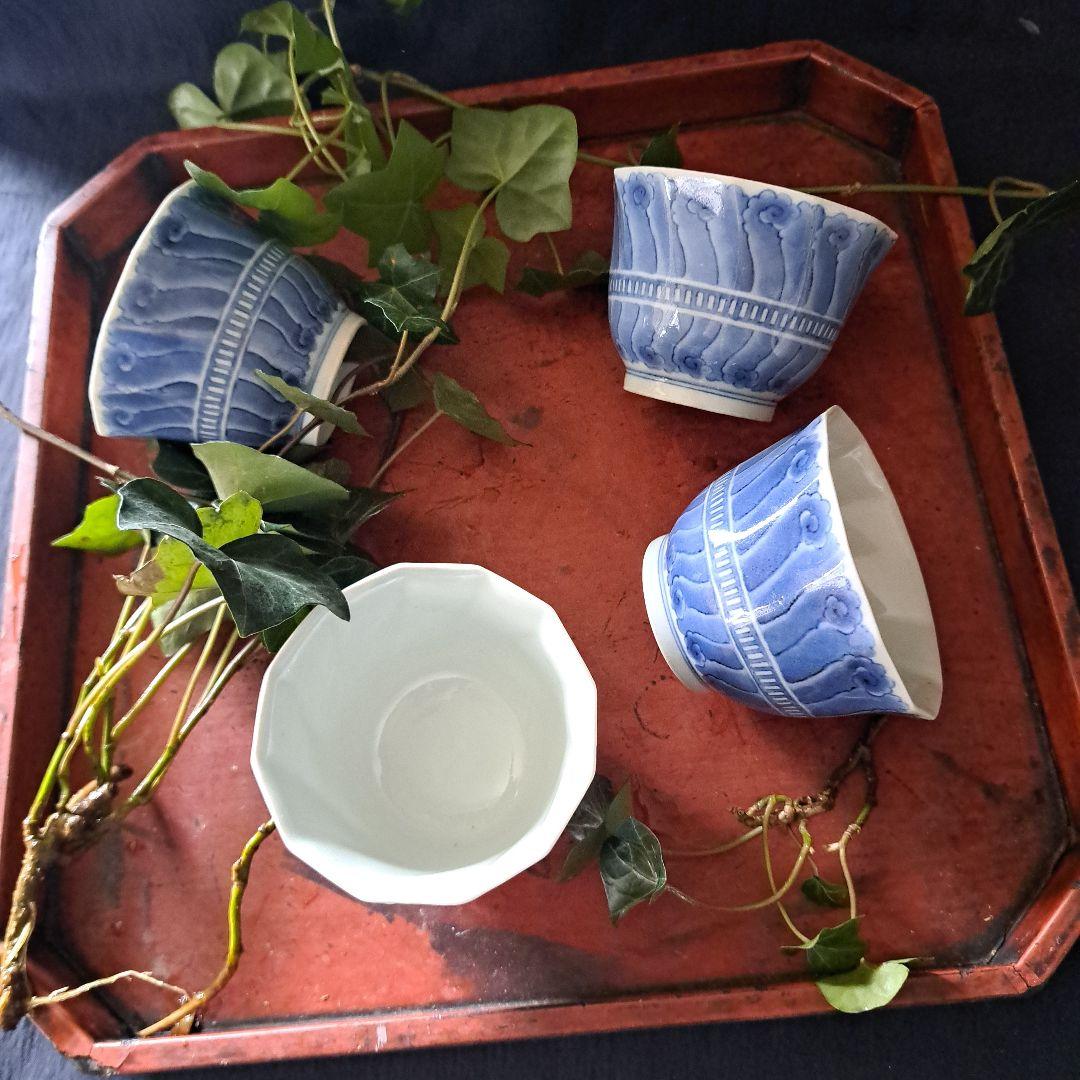 「不思議デザインな古伊万里(直径9.5cm)」 染付向付4客セット 骨董アンティ