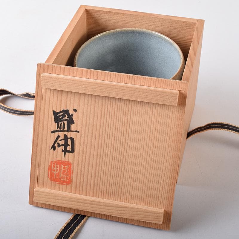 茶道具　木村盛伸作　灰釉立鶴　茶碗　共布共箱　C　R8708