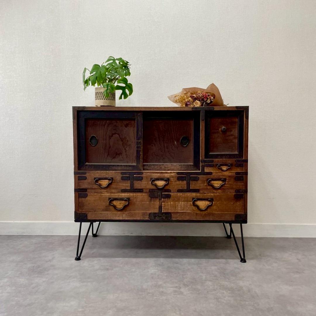 ヴィンテージ 無垢材 ローチェストアイアン脚 引き出し ローボード ビンテージ