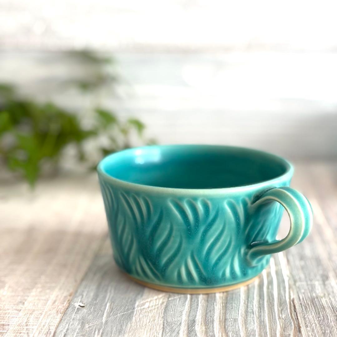 しのぎスープカップ スープボウル ターコイズ 2個セット 益子焼