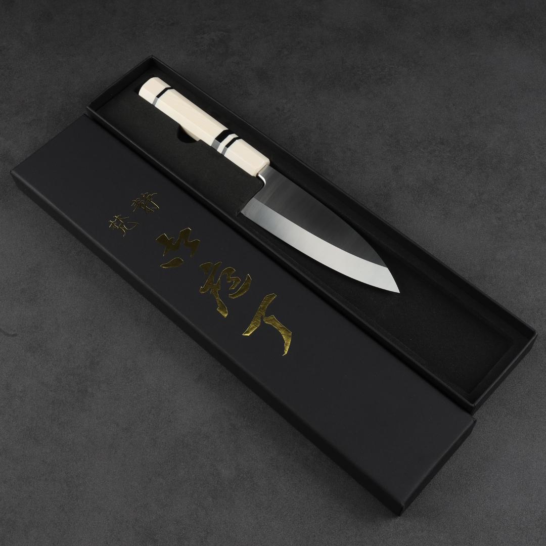 6924 出刃包丁 5寸 刃渡り150mm 刺身包丁 人工象牙黒三本巻八角柄