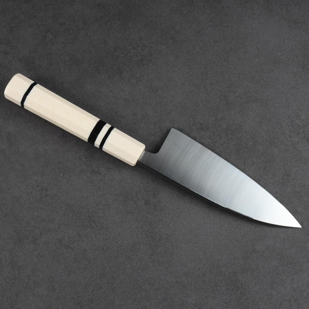 6924 出刃包丁 5寸 刃渡り150mm 刺身包丁 人工象牙黒三本巻八角柄