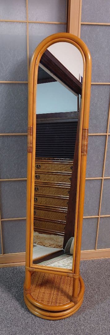 ラタンフレーム 回転式 スタンドミラー 姿見鏡 全身鏡 回転鏡 回転ミラー