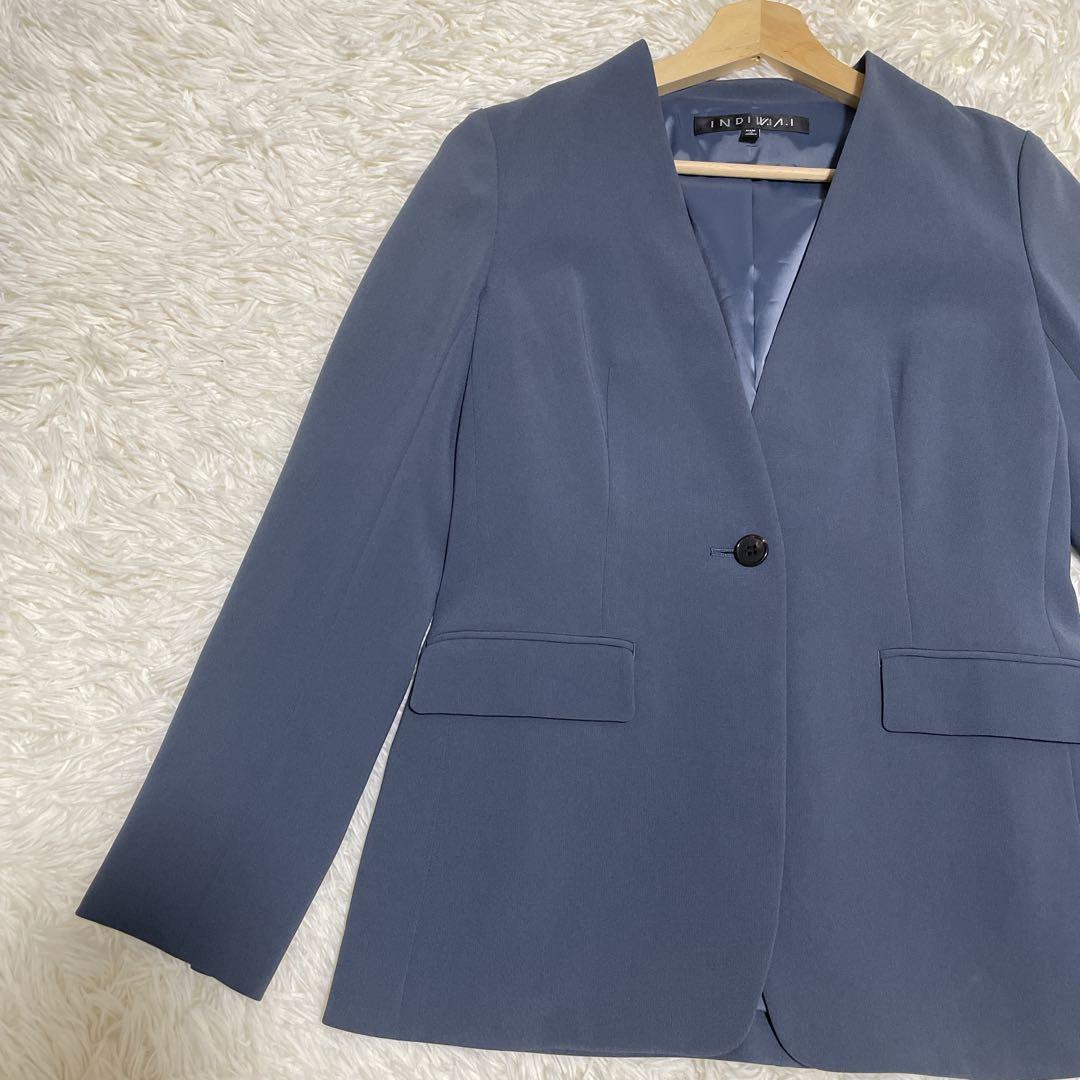 美品36 日本製【INDIVI トリアセテート混 ストレッチノーカラースーツ】