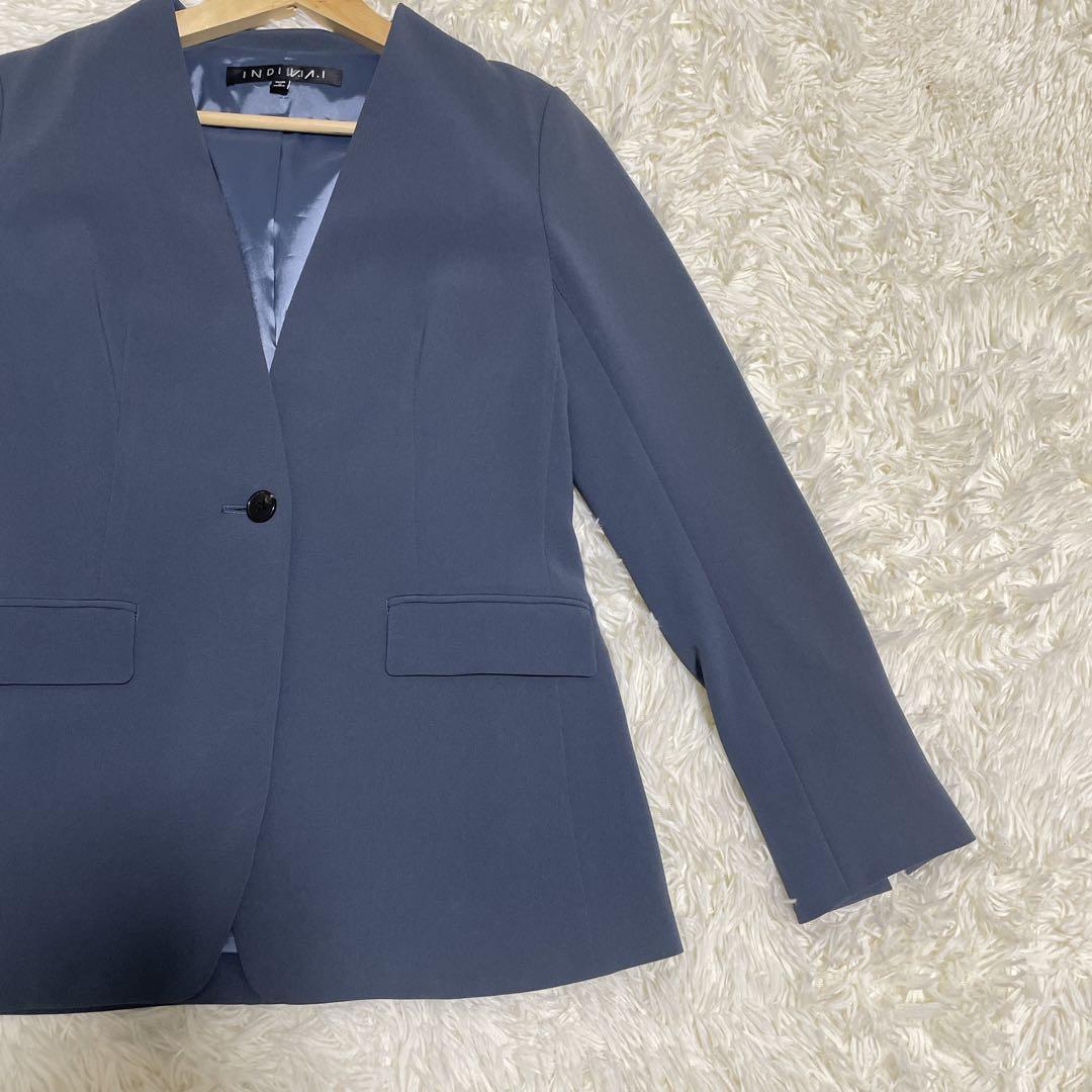 美品36 日本製【INDIVI トリアセテート混 ストレッチノーカラースーツ】