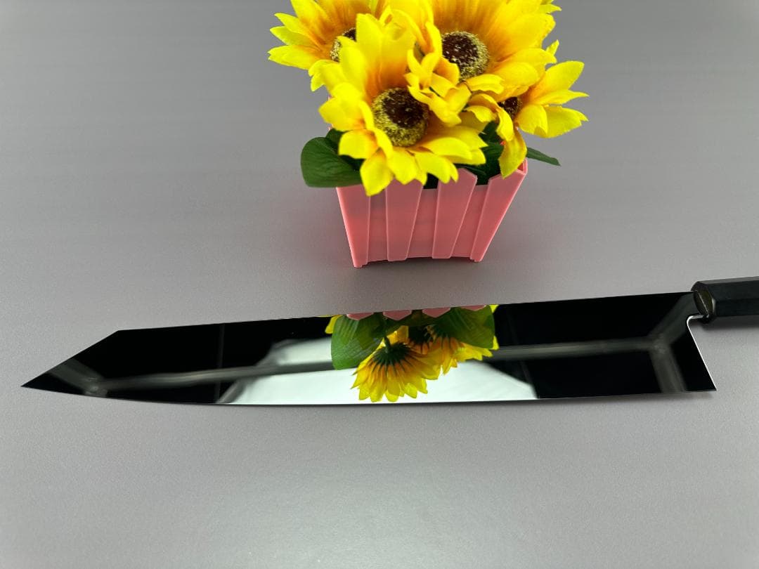 5629 切付牛刀 尺一 ウルトラ鏡面仕上げ 刺身包丁 両刃 黒檀黒水牛角八角柄